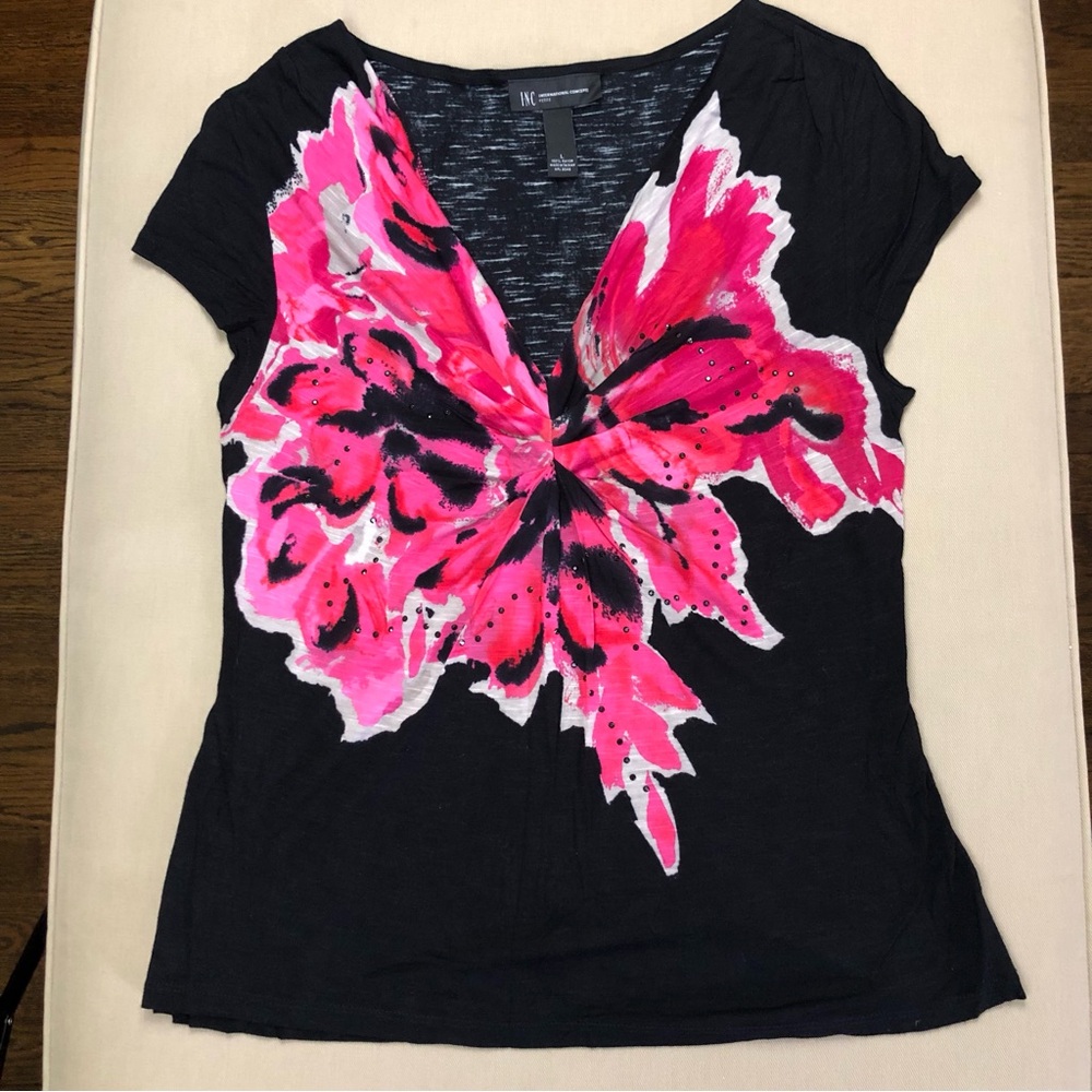 INC International Concepts Black and Pink Graphic Fitted Tee